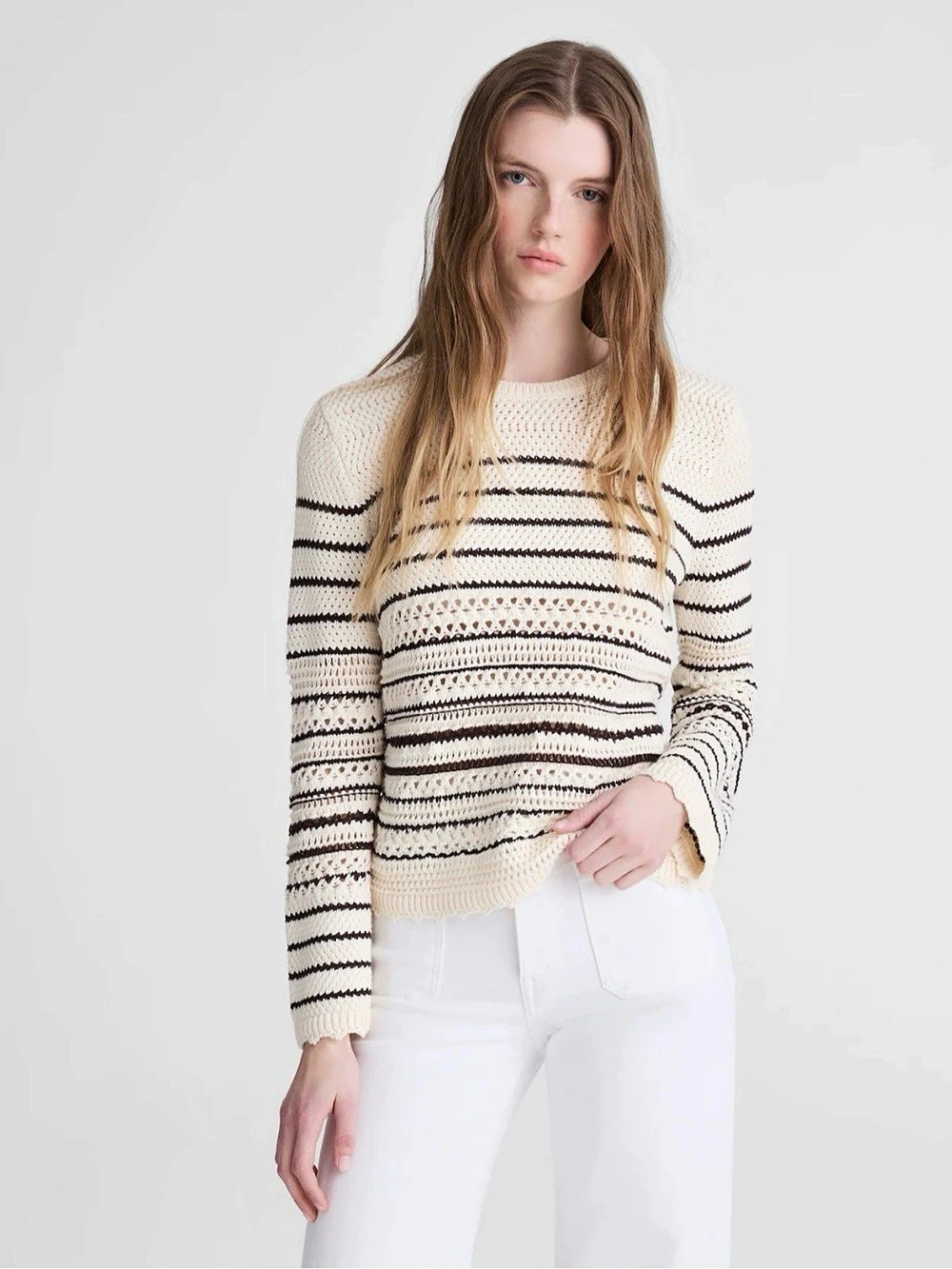 Madewell Open-Stitch Sweater Ivory/Chocolate Stripe Sz XXS NWT $128